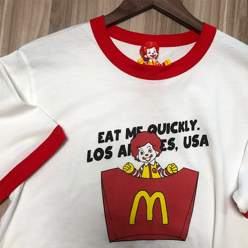 Eat Me Quickly American Vintage Style Cartoont Printing Ringer Shirts Unisex Loose Cotton Cute Graphic Tees Tumblr Summer Tops
