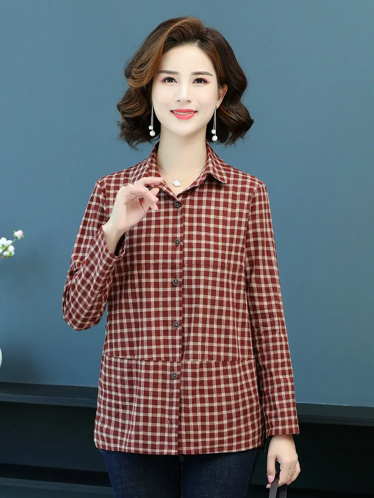Рубашка женская клетчатая с отложным воротником и длинным рукавом из хлопка |