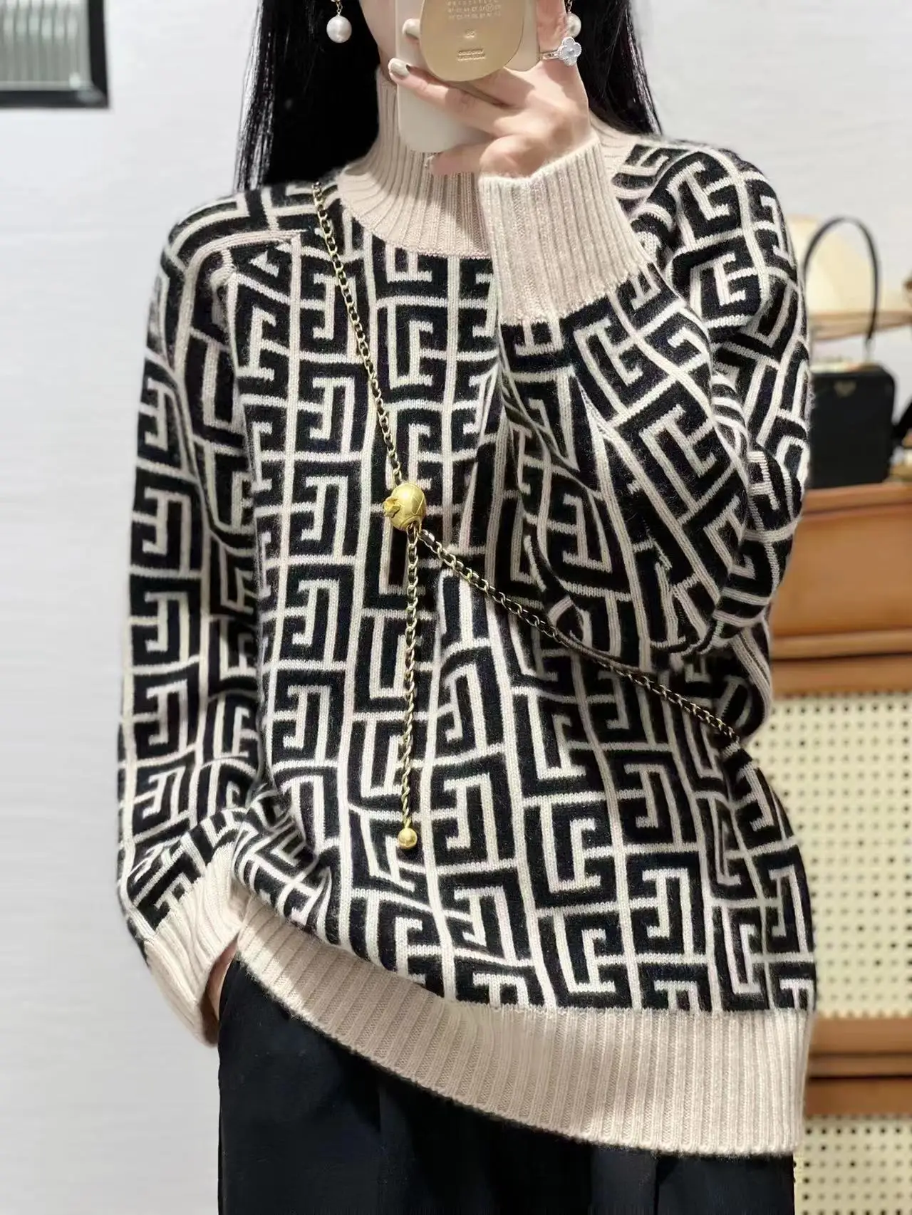 Высококачественный свитер 100% из козы женский свободный с воротником-стойкой на