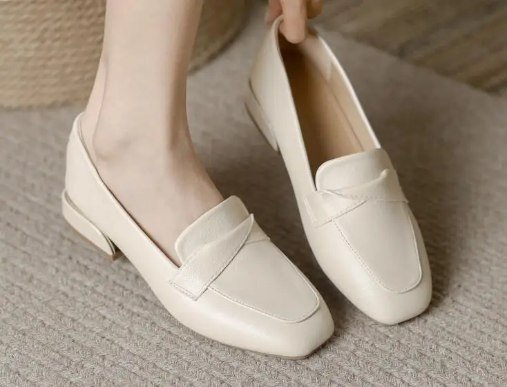 Women fashion Twist leather loafers beige leather accented twisted straps square toe Casual Women Shoes ballet Low Heels flats