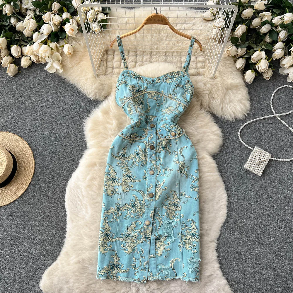 

Retro Chic Paisley Printed Denim Midi Dress Rivets Pockets V Neck Spaghetti Strap Knee Length Straight Dress