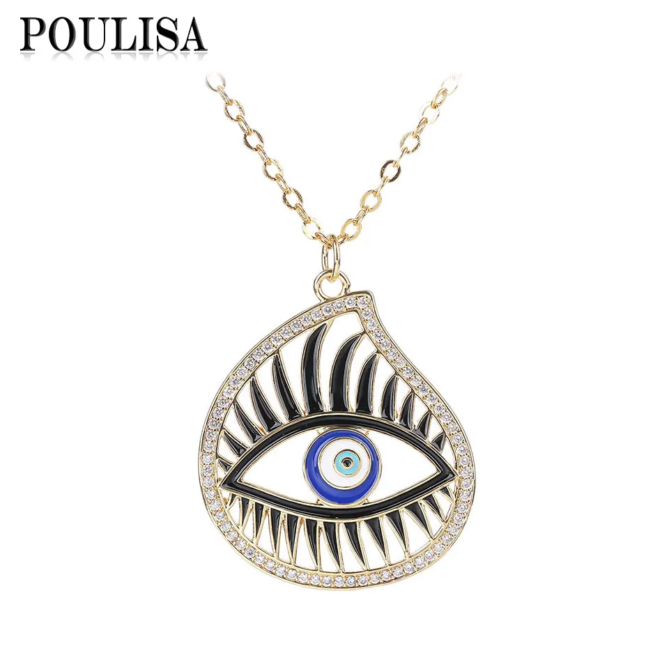 Poulisa Big Hollow Water Drop Shape Necklaces & Pendants for Women Gifts Blue Evil Eye Turkish Lucky Fashion Gold Color Necklace