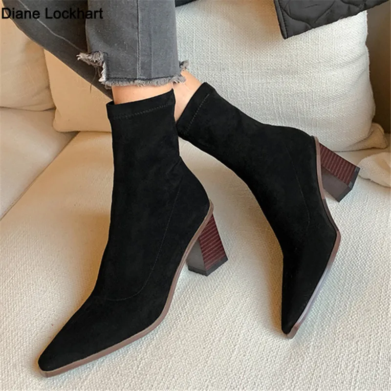 

2023 New Autumn Winter Suede Women Square Toe Yarn Elastic Ankle Boots Thick Heel Shoes Female Socks Botas Femini