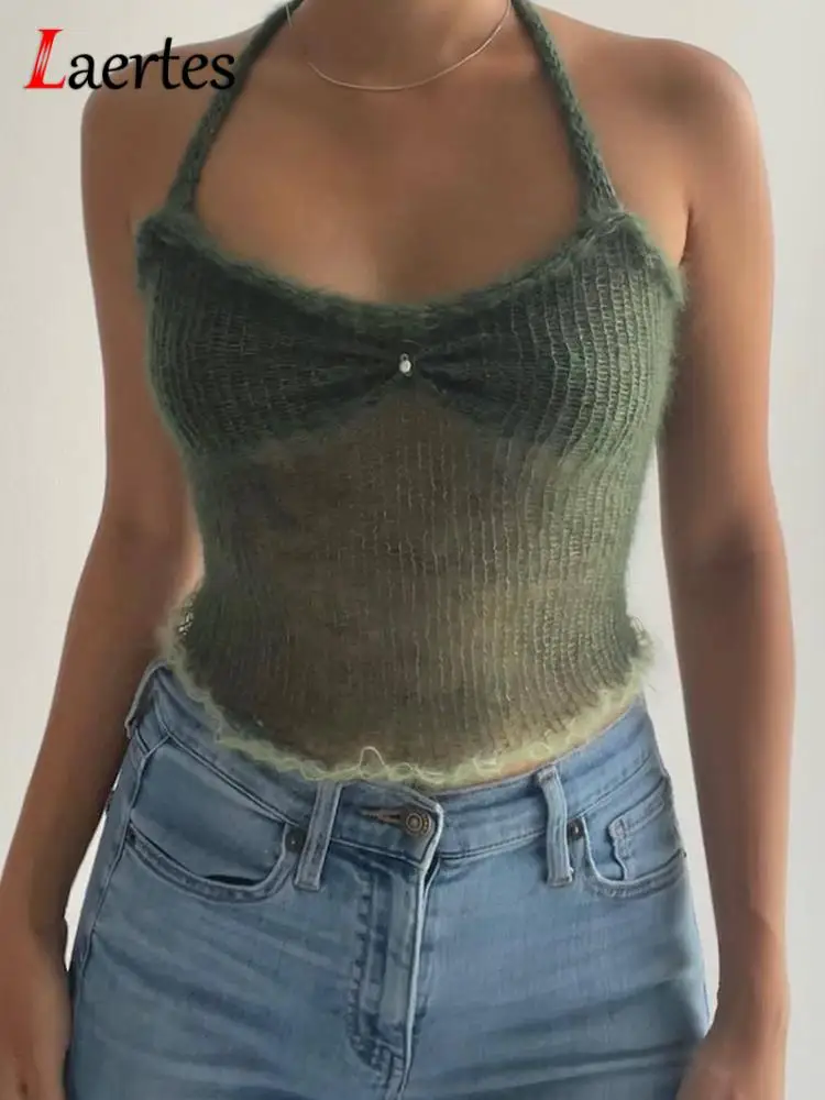 

Laertes 2022 Casual Halter Neck Knit Patchwork Crop Top Women Y2K Sexy Backless Sleeveless Tank Tops Summer Party Prom Outfits