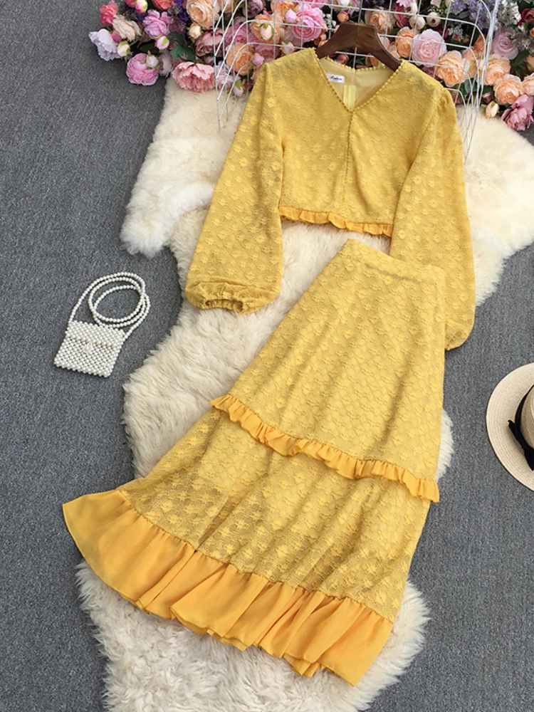 

Fitaylor/Новинка, весенне-осенний повседневный комплект из двух предметов с принтом, женское платье с v-образным вырезом, Короткие топы + юбки тр...