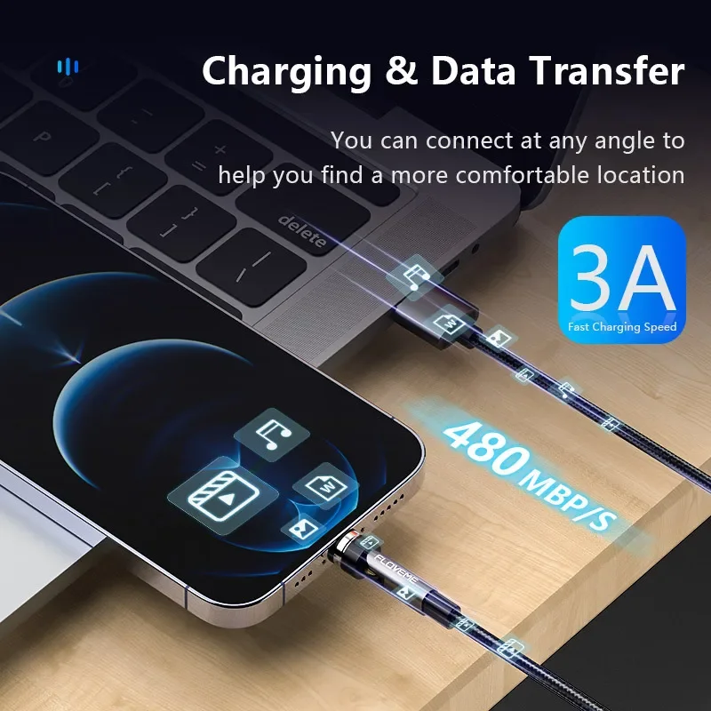 Floveme 540 градусов быстрая зарядка 7-контактный магнитнопоглощающий кабель для