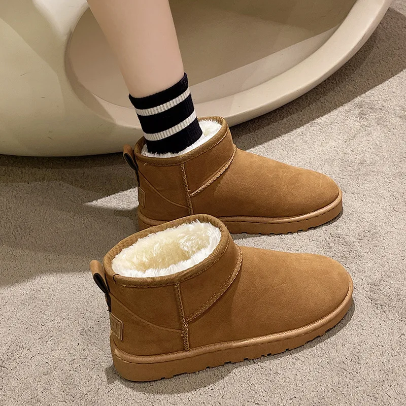 2022 Women's Snow Boot Style Autumn Winter Sheepskin Waterproof Wool Ankle Boots Velvet Lined Ankle Warm Flat Short Cotton Boots