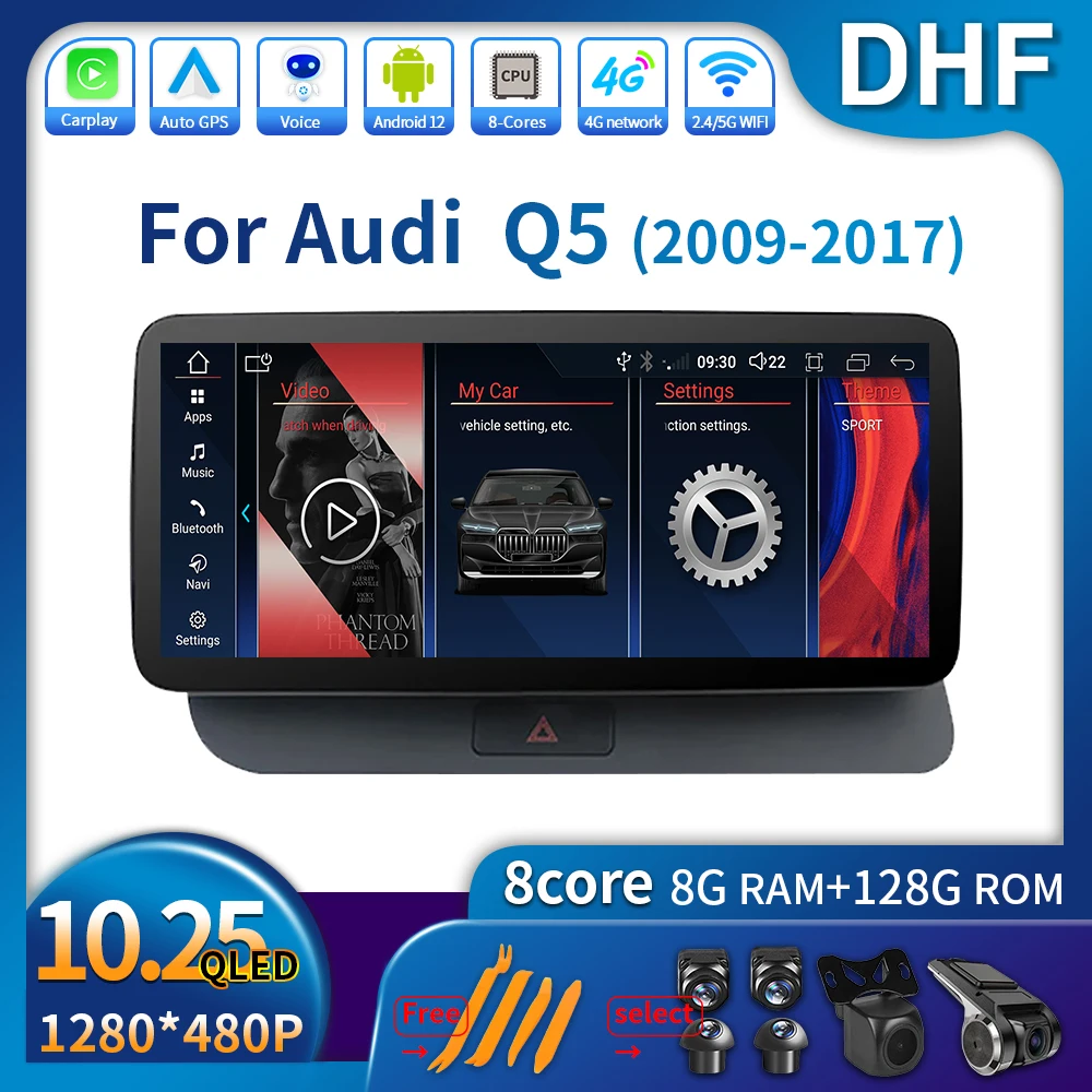 

Автомагнитола, 10,25 дюйма, Android, 12 мониторов, для Audi Q5 2009-2017, автомобильные аксессуары для Carplay, видео, мультимедийные плееры, Bluetooth, USB, аудио