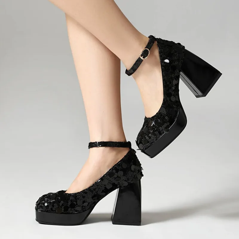 Женские туфли на высоком квадратном каблуке с блестками размеры 32-40