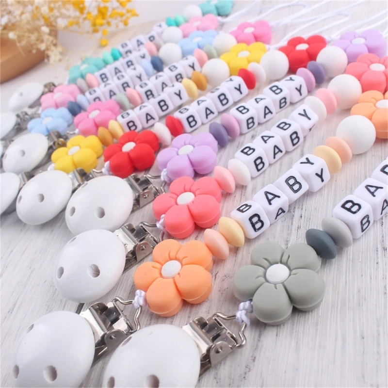 

Lovely Design Pacifier Clip for Baby Boys Girl Pacifier Holder with Name & Flowers Pattern Dummy Clip Teething Toy 0
