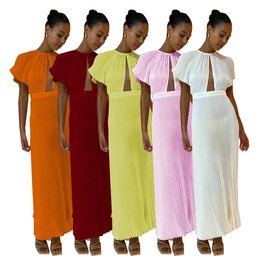

2023 Summer Chic and Elegant Dress for Woman Hollow Out Pleated O-Neck Dress Short Sleeve White Long Dresses Party Femme Robe