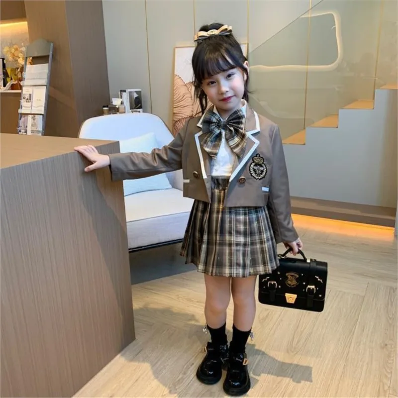Girls' Autumn Style College Suit 2023 New Children'S Blazer Coat Shirt Pleated Skirt 3-Piece Children's Jk Uniform Suit LE524