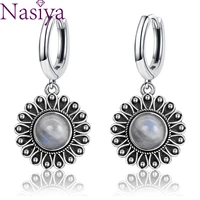 silver earrings 7mm round natural moonstone earrings wedding party fashion retro ear jewelry for women