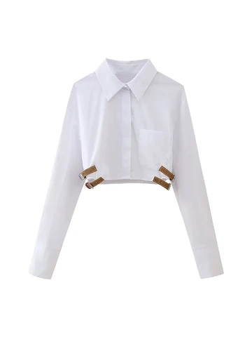 Женская короткая рубашка с поясом, Повседневная однобортная летняя белая блузка с длинными рукавами, украшенная ремнями сбоку, 2024