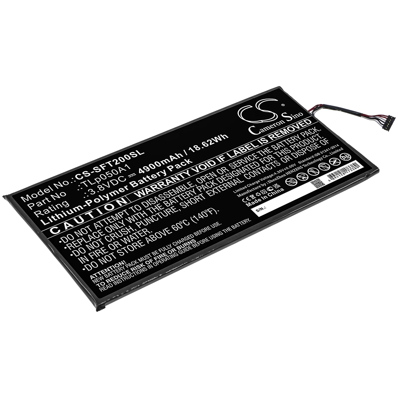 

CS Tablet Battery For IDEMIA MorphoTablet 2 Safran Fits TLp050A1 CS-SFT200SL Li-Polymer 3.80V 4900mAh/18.62Wh
