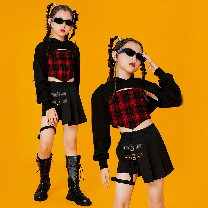 

Red Lattice Style Jazz Dance Clothes For Girls Crop Tops Concert Catwalk Performance Wear Kids Hip Hop Costume Rave DNV16804