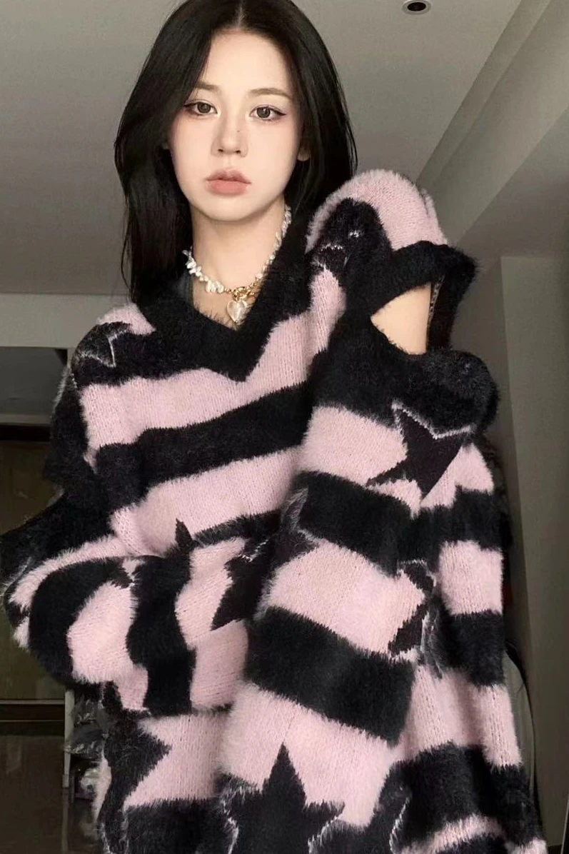 

Punk Gothic Long Sweater Women Furry Knitted Sweaters Y2K Streetwear Loose Hollow Out Detachable Pullovers Harajuku Sexy Tops