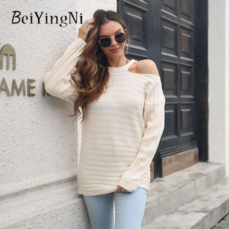 

Beiyingni Sweater Women's Hollow Out Loose Autumn Winter Long Sleeve Knitting Female Pullover O-neck Solid Elegant Solid Jumper