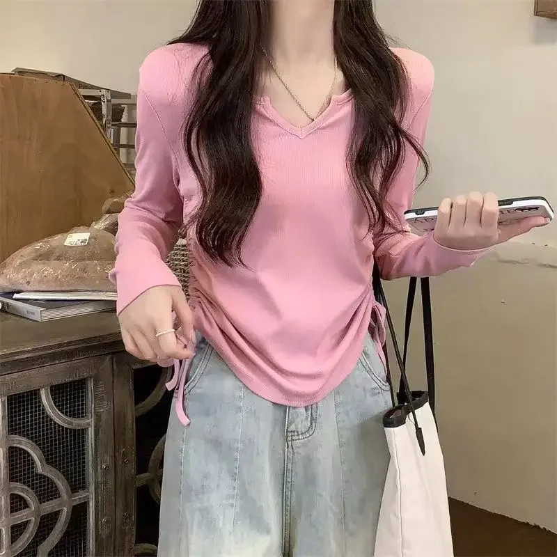 Long Sleeve T-shirts for Women Shirring Autumn V-neck Tops Fashion Korean Style Female Sweet All-match Leisure Simple Basic Tees