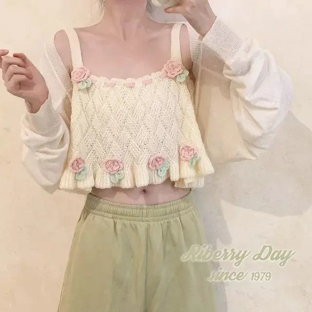 

Crop Women's Vest Crochet Top Knitted Vintage Korean Style Clothing Cropped Sweater Summer Korea Stylish Woman Kawaii Vests Knit