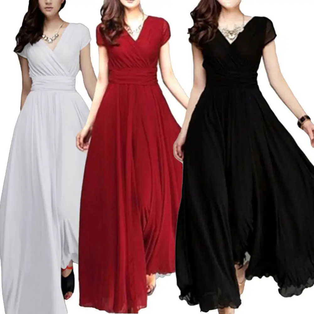 

Bohemian Women Solid Color Short Sleeve V Neck Tight Waist Maxi Evening Dress Party Wedding Elegant Evening dress Christmas Gift