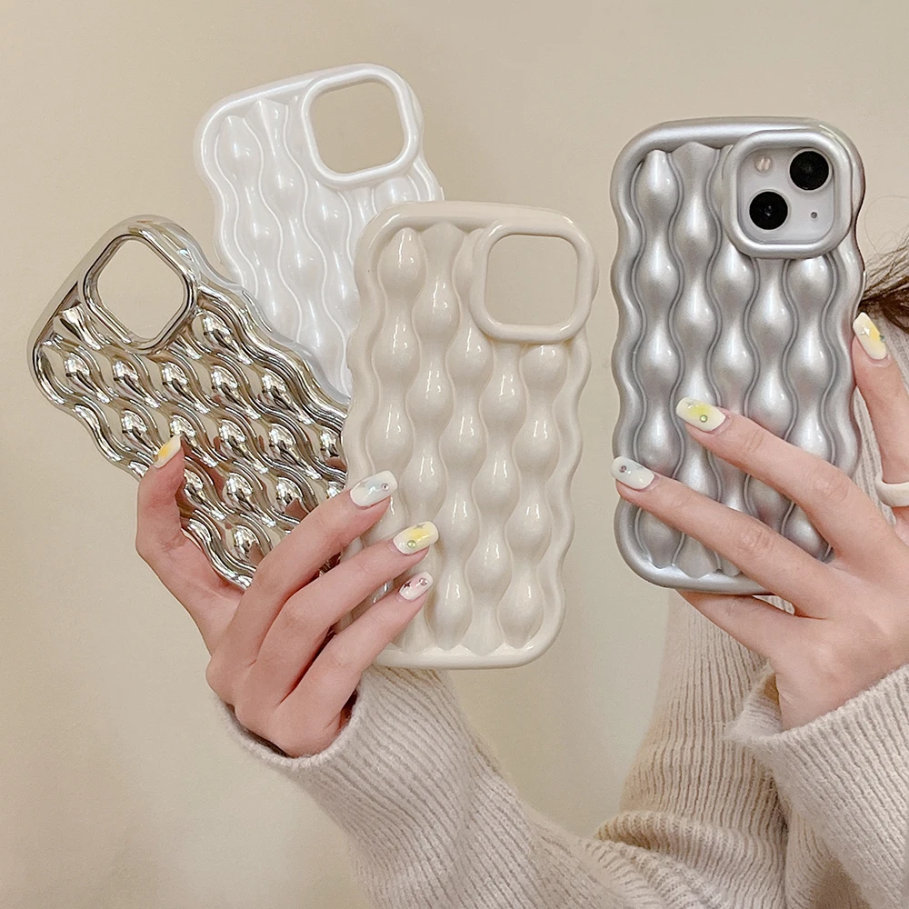 

Solid Wavy Pattern Phone Case For iPhone 14 13 12 11 Pro Max Camera Protection Candy Color Electrosilvering Silicone Cover Case
