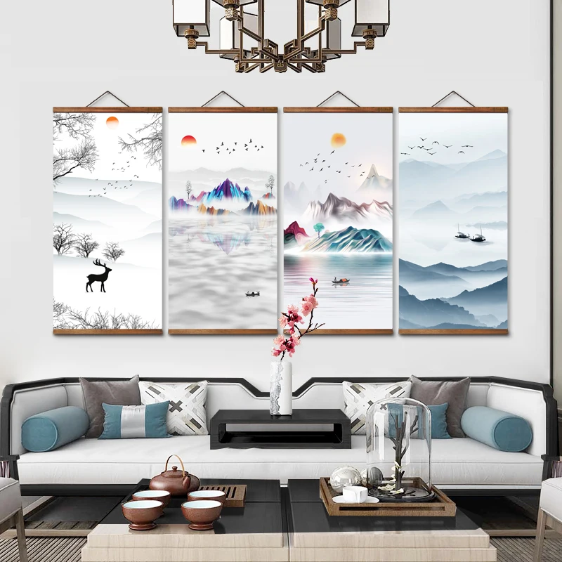 

MT0949 Chinese Stylesunrise landscape Canvas Decorative Wall Art Posters Solid Wood Scroll Paintings