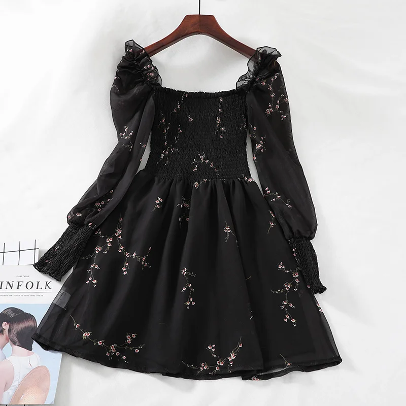

2022 Summer Womens Black Dress Vintage Flower Long Puff Sleeve Chiffon Dresses Korean Casual Mini Vestidos Mujer M267