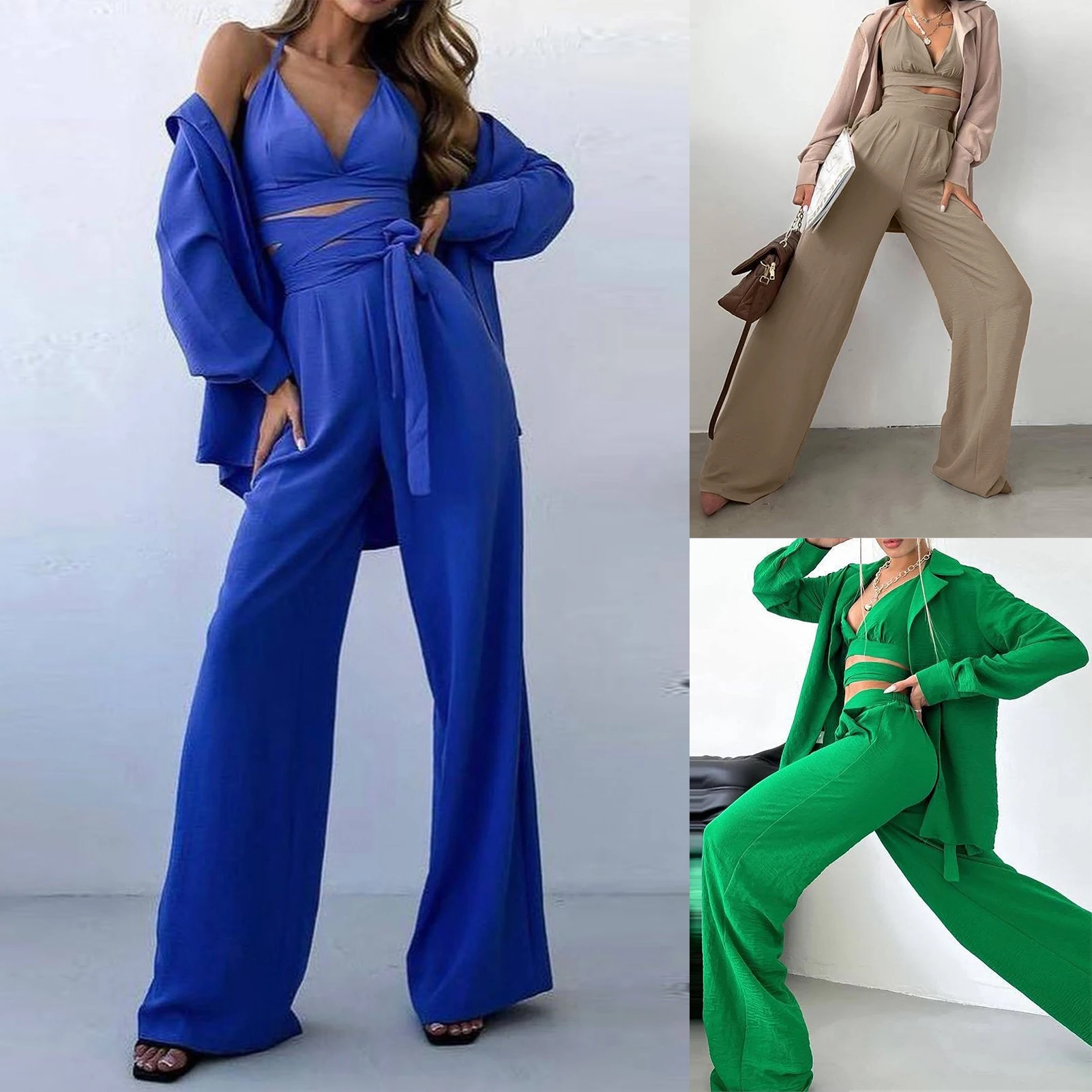 

Deep V Neck Women Shirt Vest Long Pants Suits Ladies Blouses Jacket Tank Top Pants Elegant Style Navel Exposed Daily Outfit