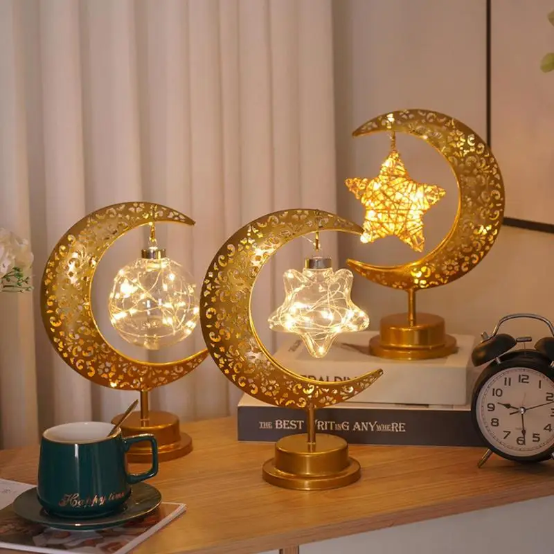 

Eid Tabletop Light Eid Kareem Crescent LED Night Lights Golden Iron Eid Crafts Table Lamp Light Ornaments For Party Dining Home