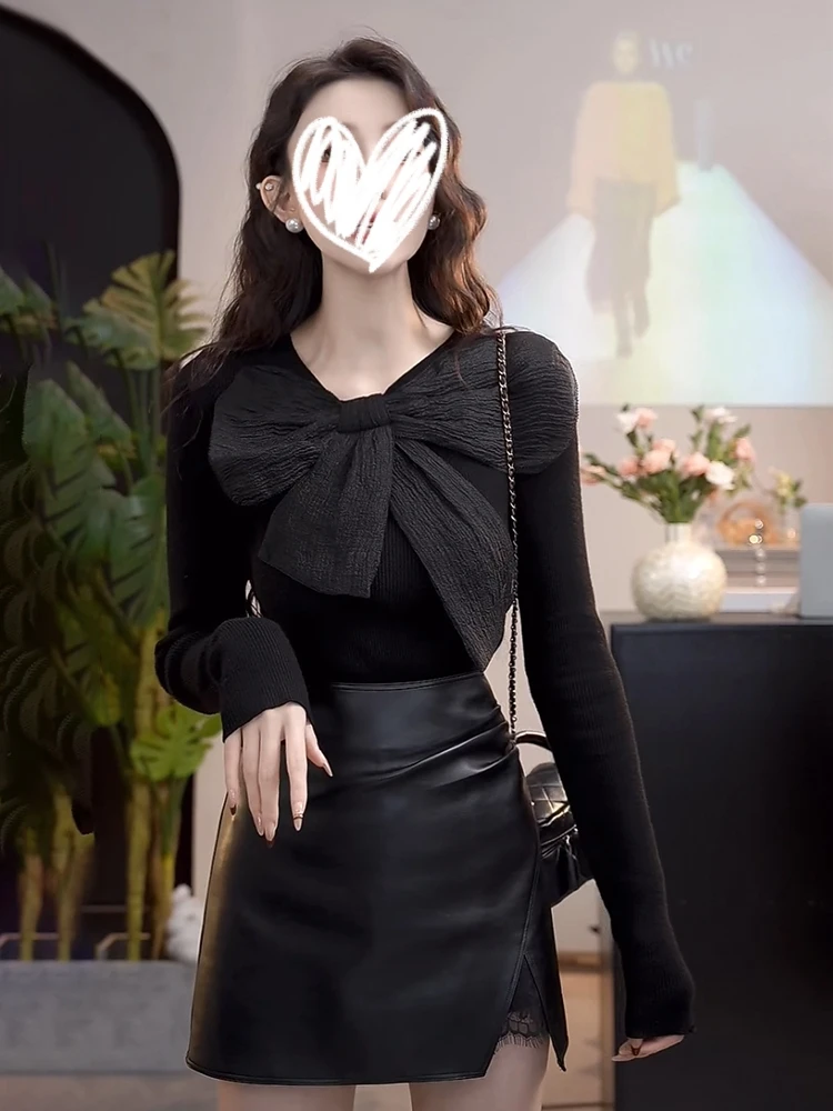 Sexy Pure Desire Bow round Neck Long sleeve Knitted Top Women Autumn New Slim fit Slimming High-Grade Bottoming Shirt