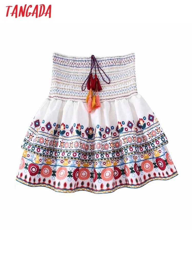 

Tangada 2022 women floral print tassel skirts faldas mujer strethy waist female mini skirt BE393