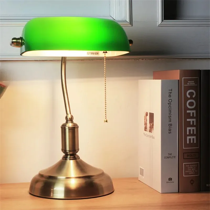 

Desk Lamp Vintage green glass lampshade table classic bank lamp American study office decor lights bronze home lighting fixtures