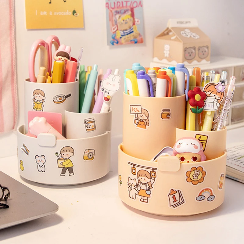 

360 Degree Rotating Pen Holder Creative Fashion Cute Student Desktop Organizer Multifunctional 3-Compartment Storage Box