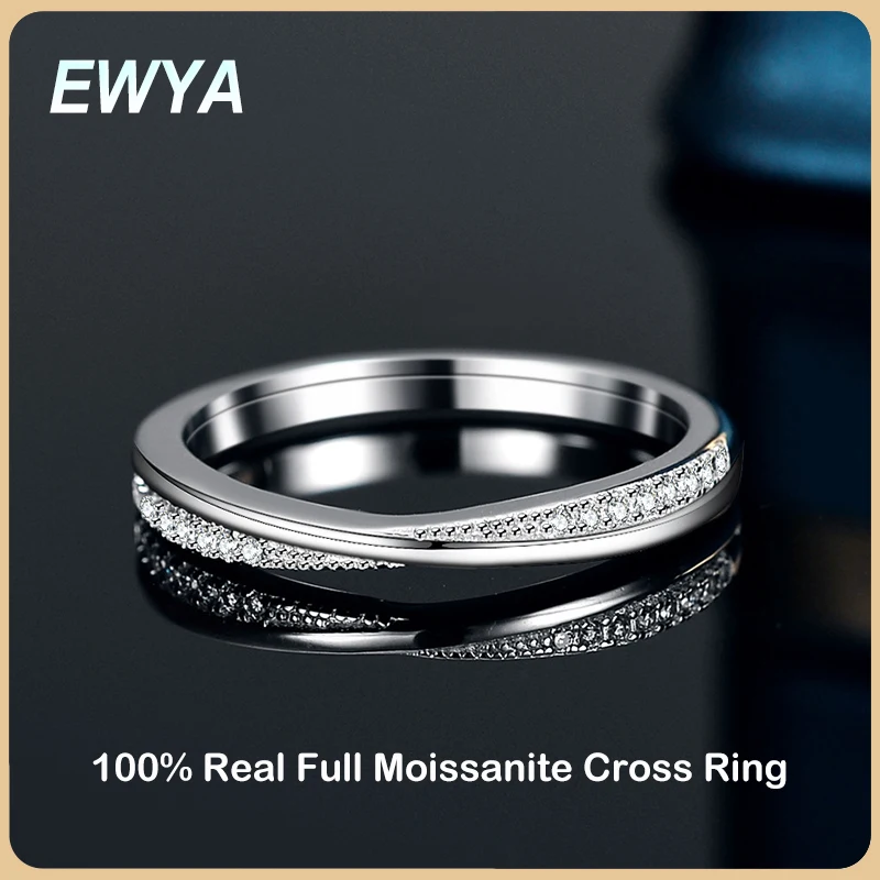 

EWYA 2023 Trendy Real Full Moissanite Engagement Ring for Women S925 Silver Plated 18K White Gold Diamond Rings Wedding Band