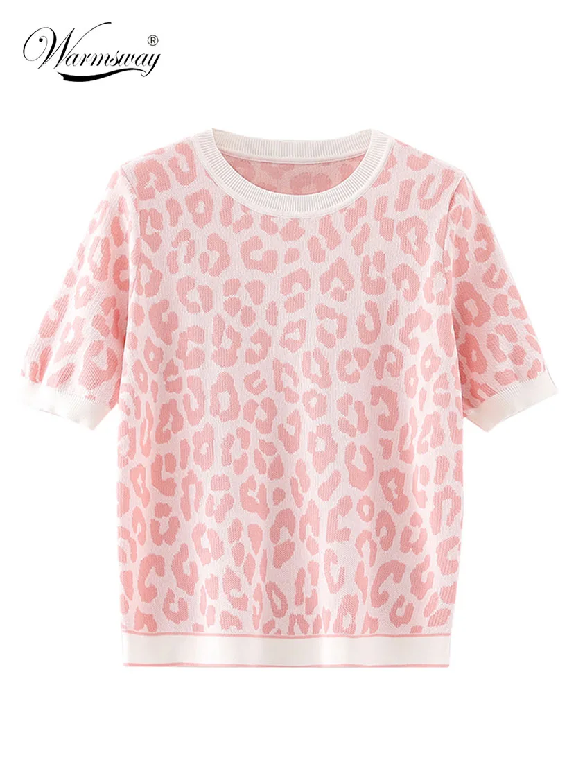 

Women Fashion Pink Leopard Knit T-shirt Summer Vintage Short Sleeve Harajuku Female Knitwear Chic Tops B-133