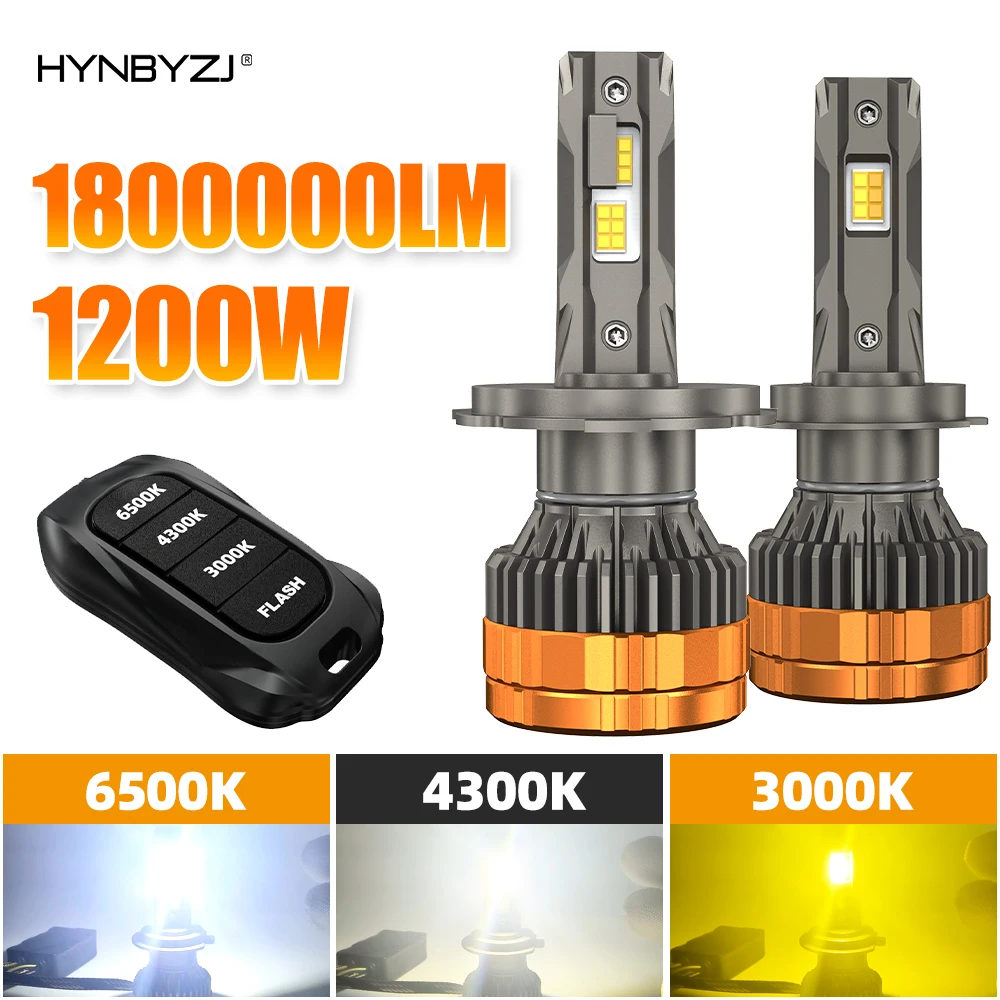 HYNBYZJ H7 1200W H4 Светодиодные фары H1 H11 9005 9006 9012 6500K 4300K 3000K Трехцветный пульт дистанционного управления для автомобильных фар