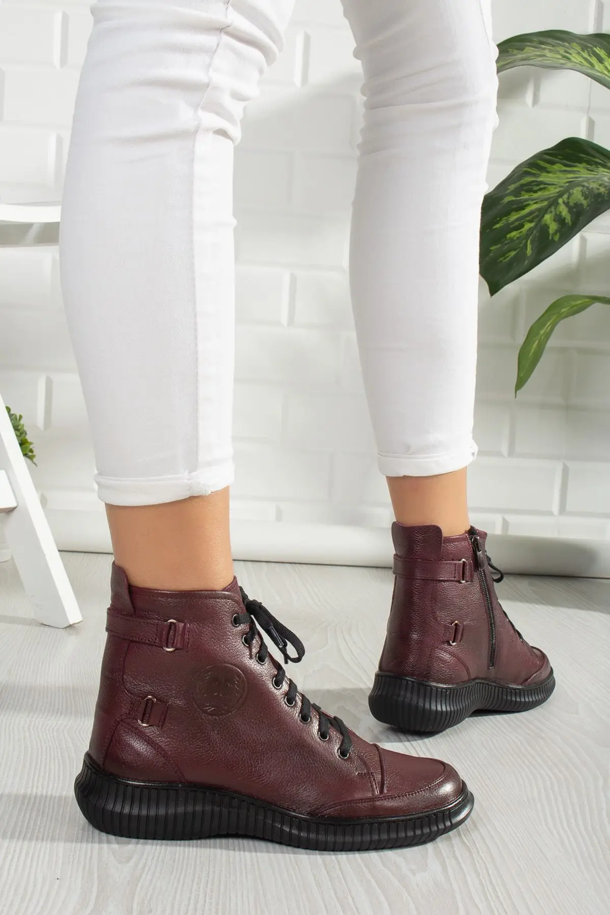 ERC1090 Women's Boots Genuine Leather Ankle Lace-up Burgundy Color Women Shoes Side Zipper Winter Autumn Seasonal