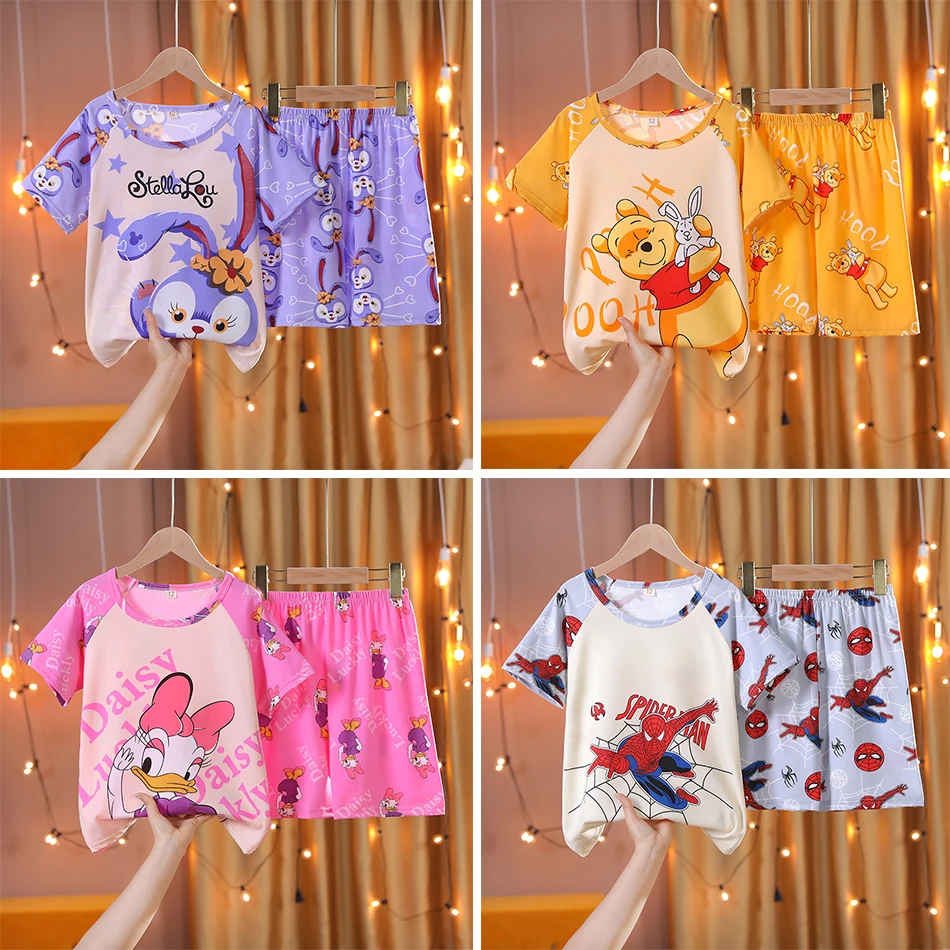 

Disney Children Cartoon Mickey Pajamas Boys Girls Summer Suit Soft Cotton Pajamas Suit Short Sleeve T-shirt Pajamas Shorts Suit