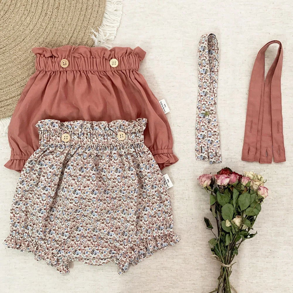 

2022 Spring Summer Baby Girls Cotton Overalls Toddler Kids Floral Bread Ruffle Waist Shorts Cute Little Girls Strap Pant Spodnie
