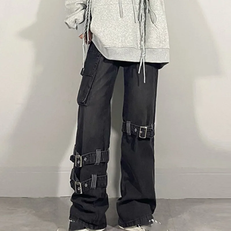 High Street Zipper Lace Jeans Women's Spring 2022 New High Waist Black Straight Loose Multi-pocket Denim Overalls Streetwear