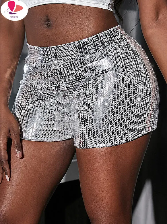 APIPEE Bling Metallic Sexy Shorts For Women Sequin High Waist Black Skinny Party Nightclub Dance Bottoms Hot Girls Wear