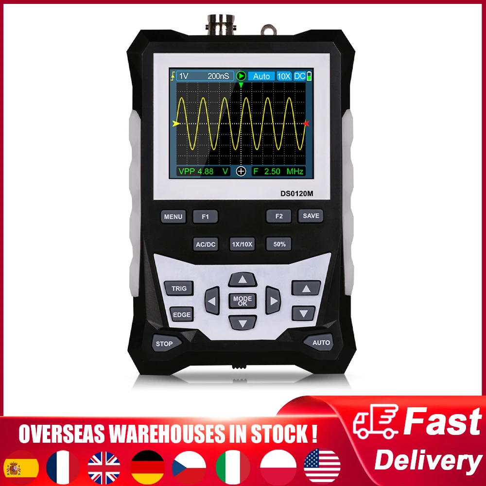 DS0120M Digital Oscilloscope 2.4 Inch 120MHz Bandwidth 500MSa/s Sampling Rate with Backlight Waveform Storage Professional Tool