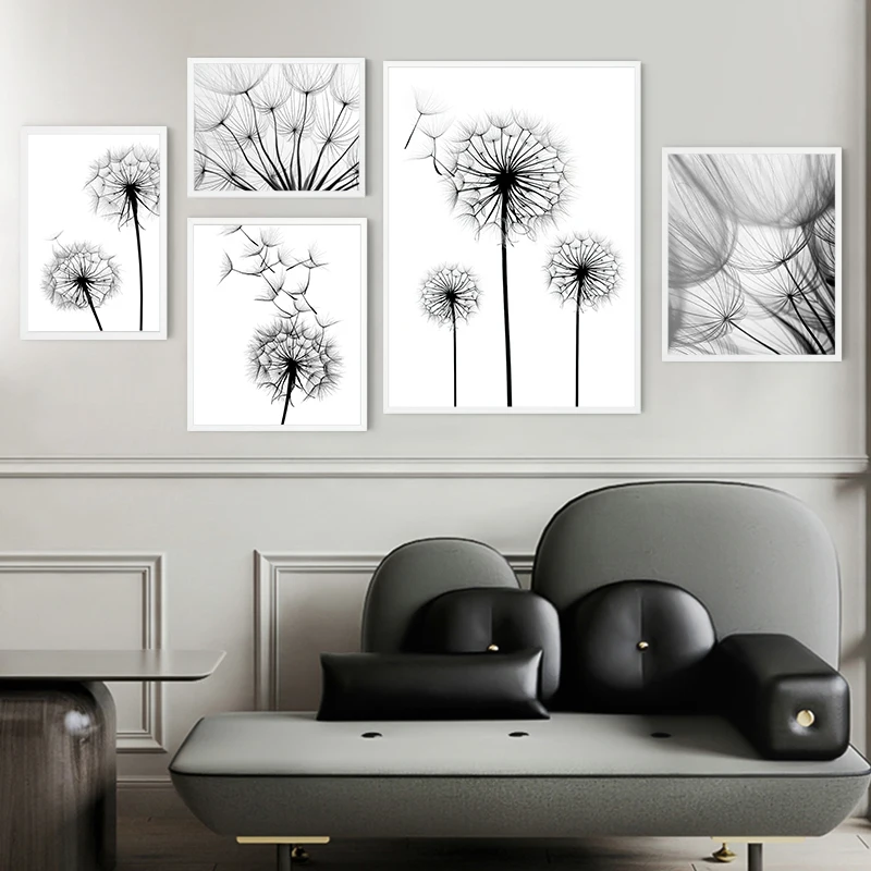 Цветок одуванчика черно-белый декоративный холст художественный принт постер