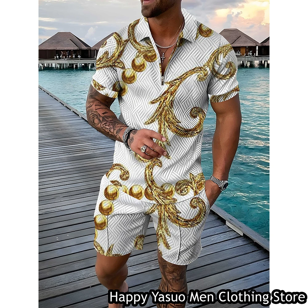 Luxury Chain Polo Set Men Summer Fashion Tracksuit Casual High-End Polo Shirt Shorts Suit Vintage Vacation Outfit Male Clothing