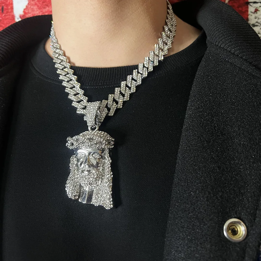 

ULJ Jesus Christ Piece Head Face Pendant For Men Iced Out Shining Crystal Charm Necklace With Chain Hip Hop Jewelry