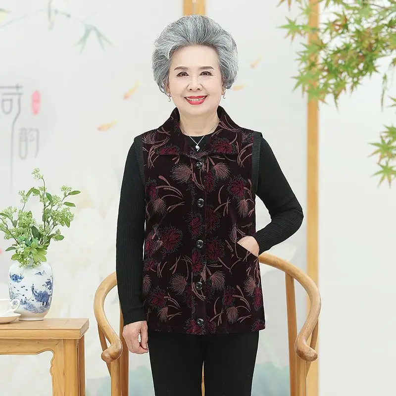 

Women 2023 Winter New Middle-aged and Elderly Cotton Vest Female Printed Sleeveless Vest Ladies Pockets Warm Waistcoat G88