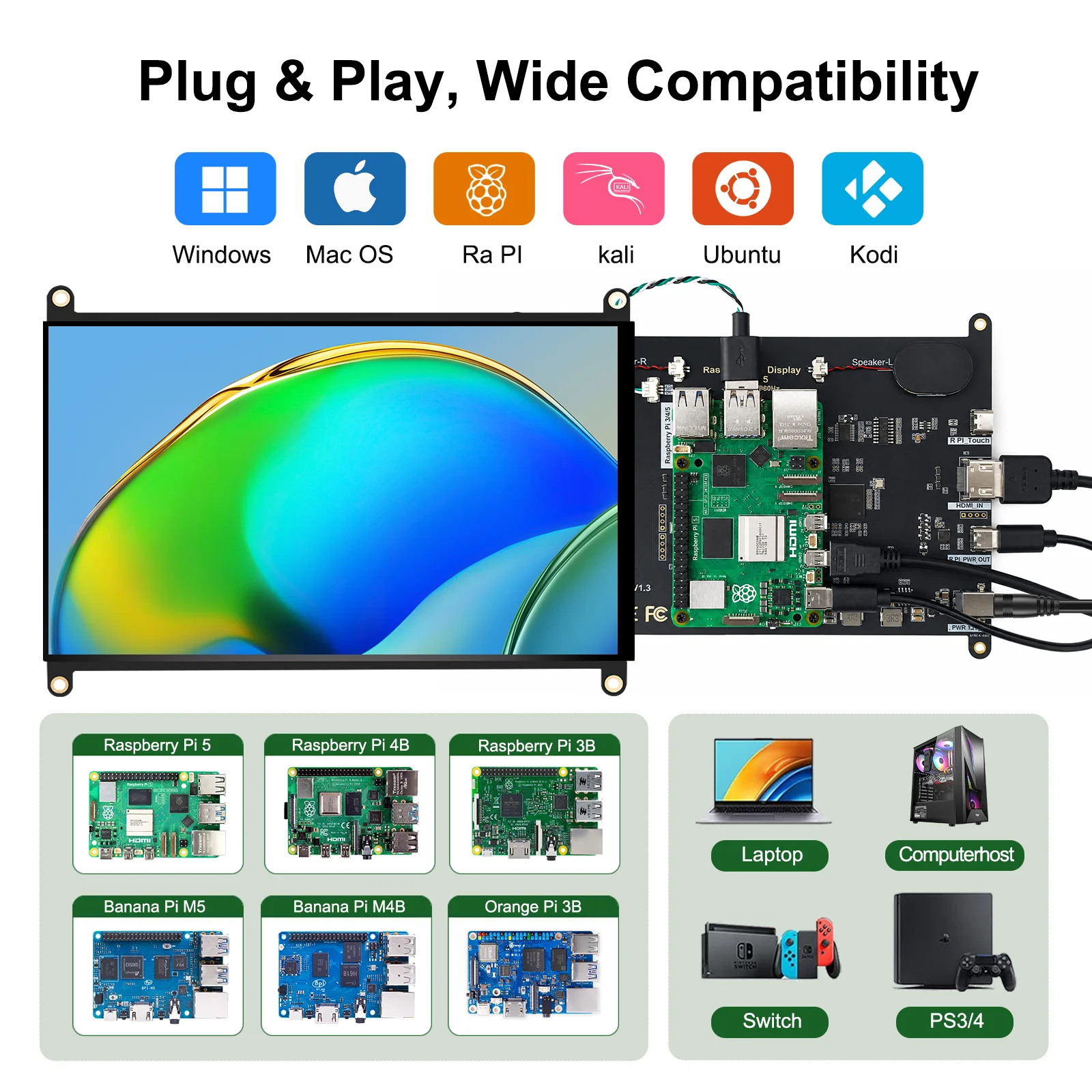 Фото Сенсорный монитор WonTim 7/8 дюймов для Raspberry Pi 5, 1920x1200 IPS, со встроенным динамиком, 4 USB, HDMI, Type-C, промышленный портативный дисплей, 4 отверстия M3 №3