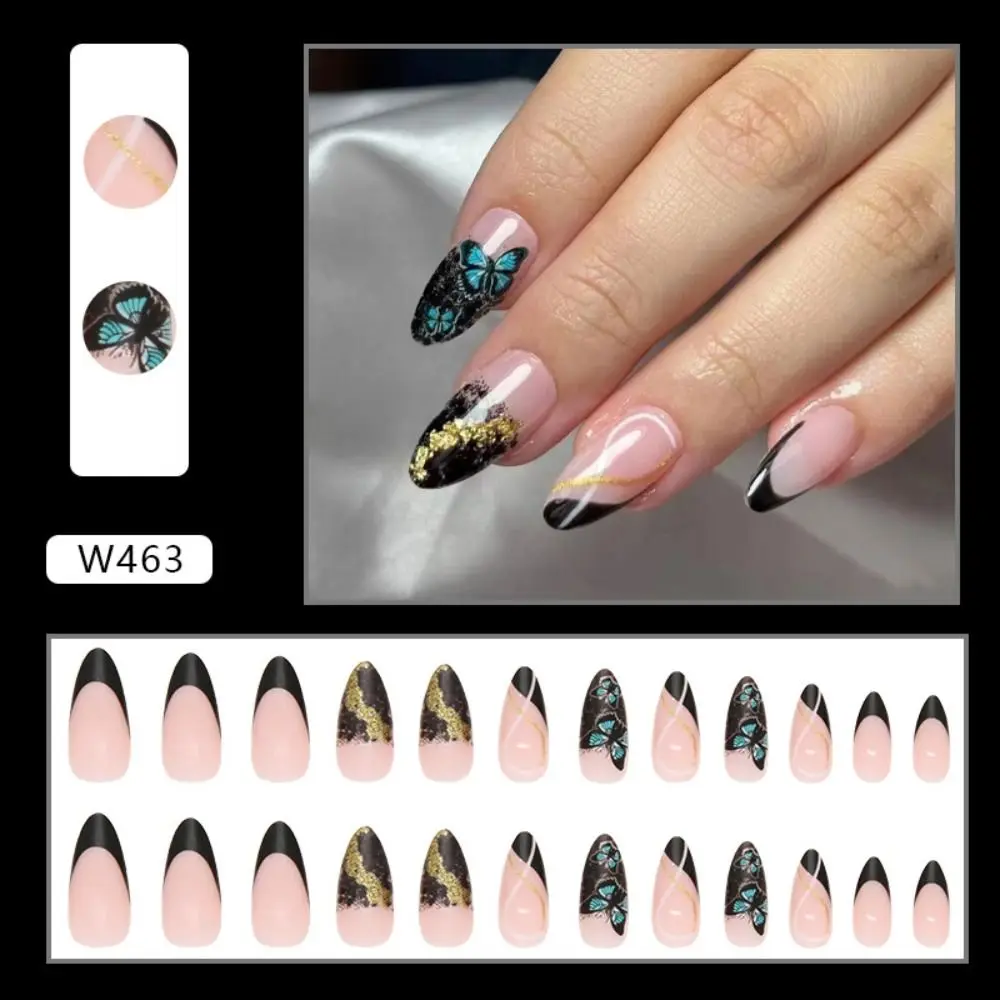 24pcs Detachable Press On Nails Black White Lines Diy French Long Almond Butterfly False