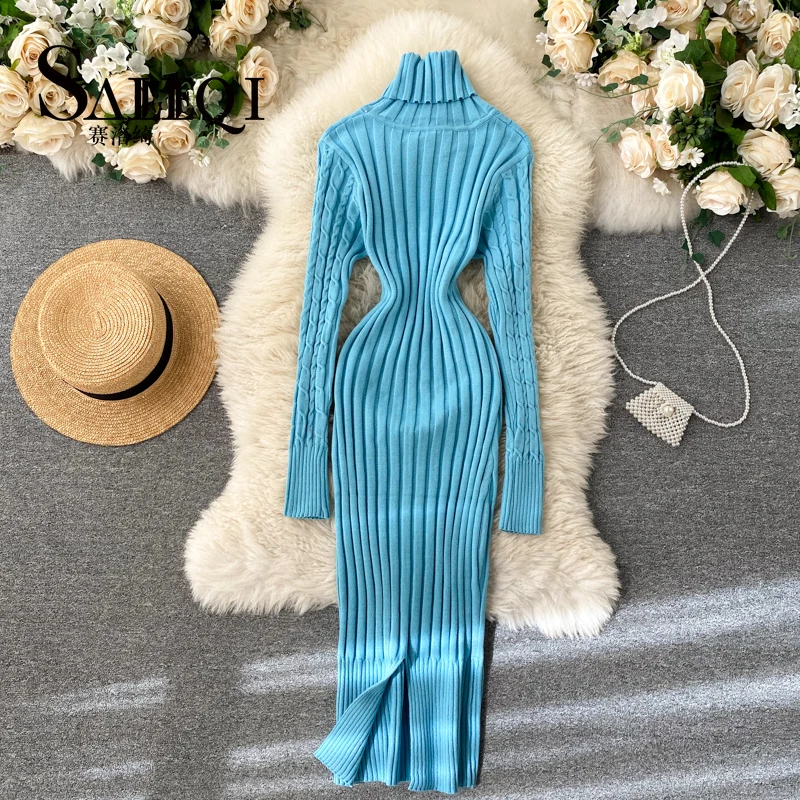 

Элегантное вязаное облегающее платье-карандаш с высоким воротником и длинным рукавом, облегающий винтажный Модный свитер, платье, привлекательная Женская осенне-зимняя одежда